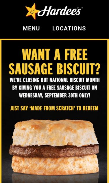 free hardees sausage biscuit
