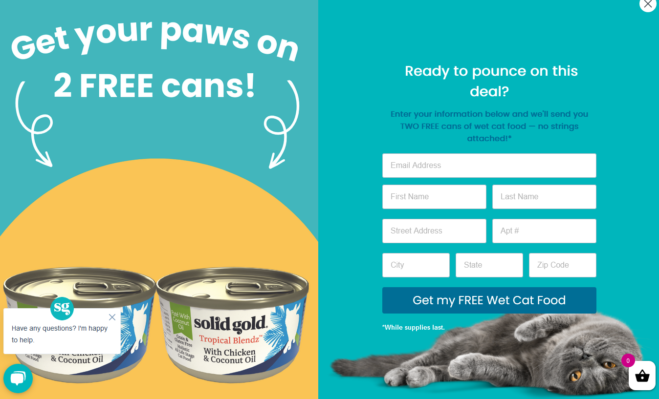 free solid gold cat food cans