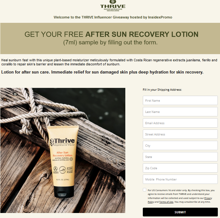 free thrive sun lotion sample