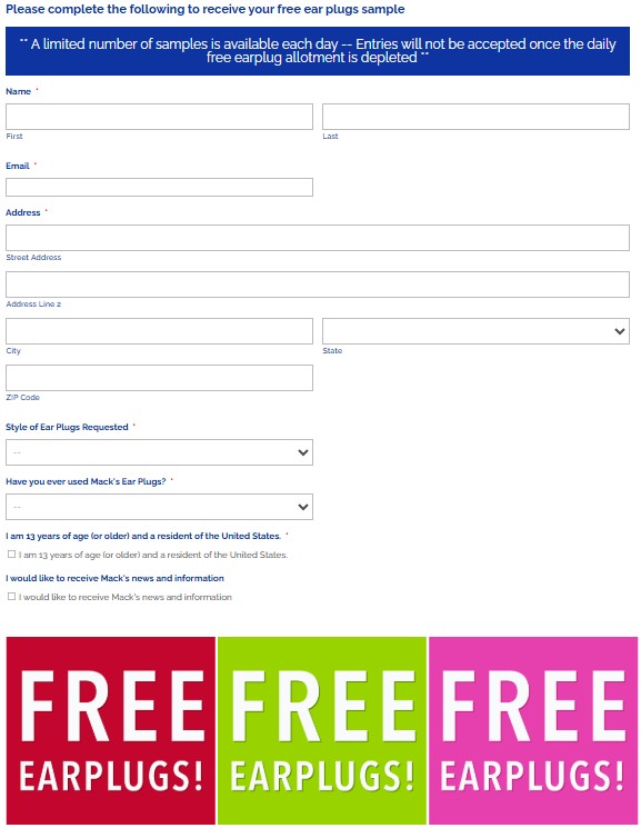 free macks ear plugs request form