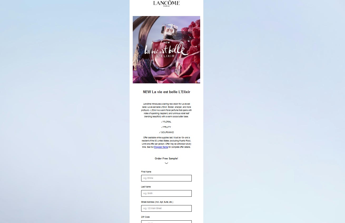 free lancome la vie est belle elixir sample request form