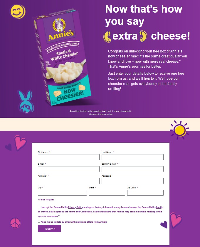 annies mac cheese free box request form