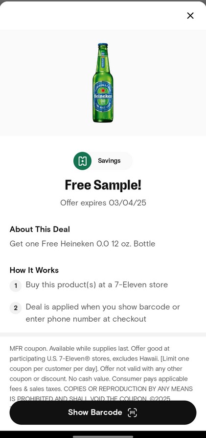 free heineken 0 alcohol 7eleven