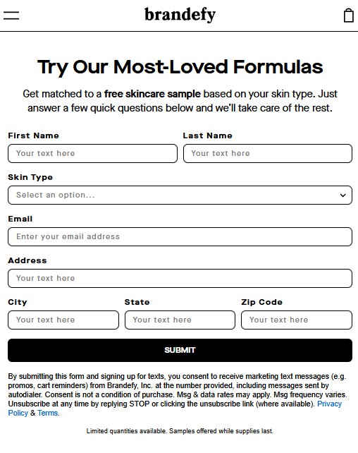 brandefy skincare sample request form