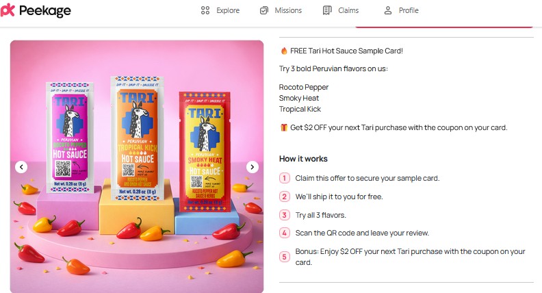 free tari sauce samples peekage