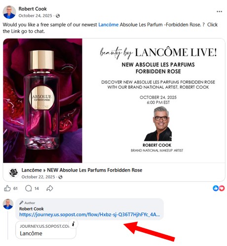 example of social media post offering a free lancome perfume sample