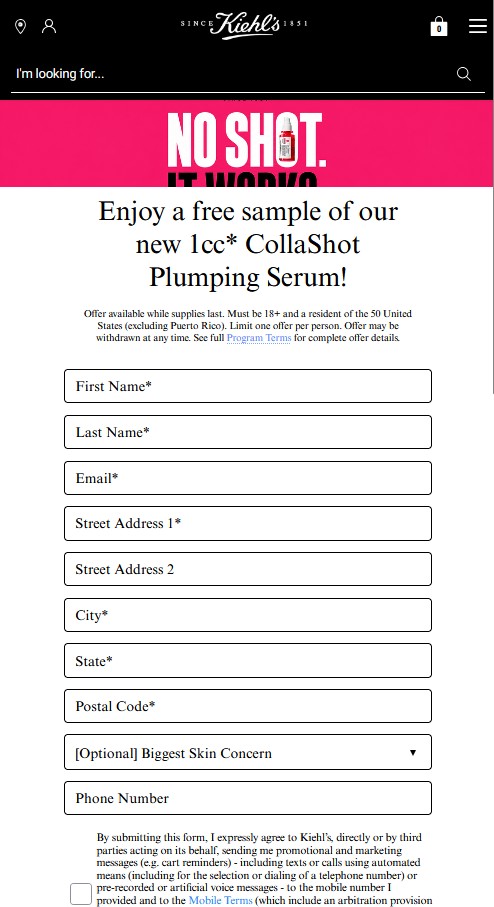 free kiehls free sample of our new 1cc CollaShot Plumping Serum order form