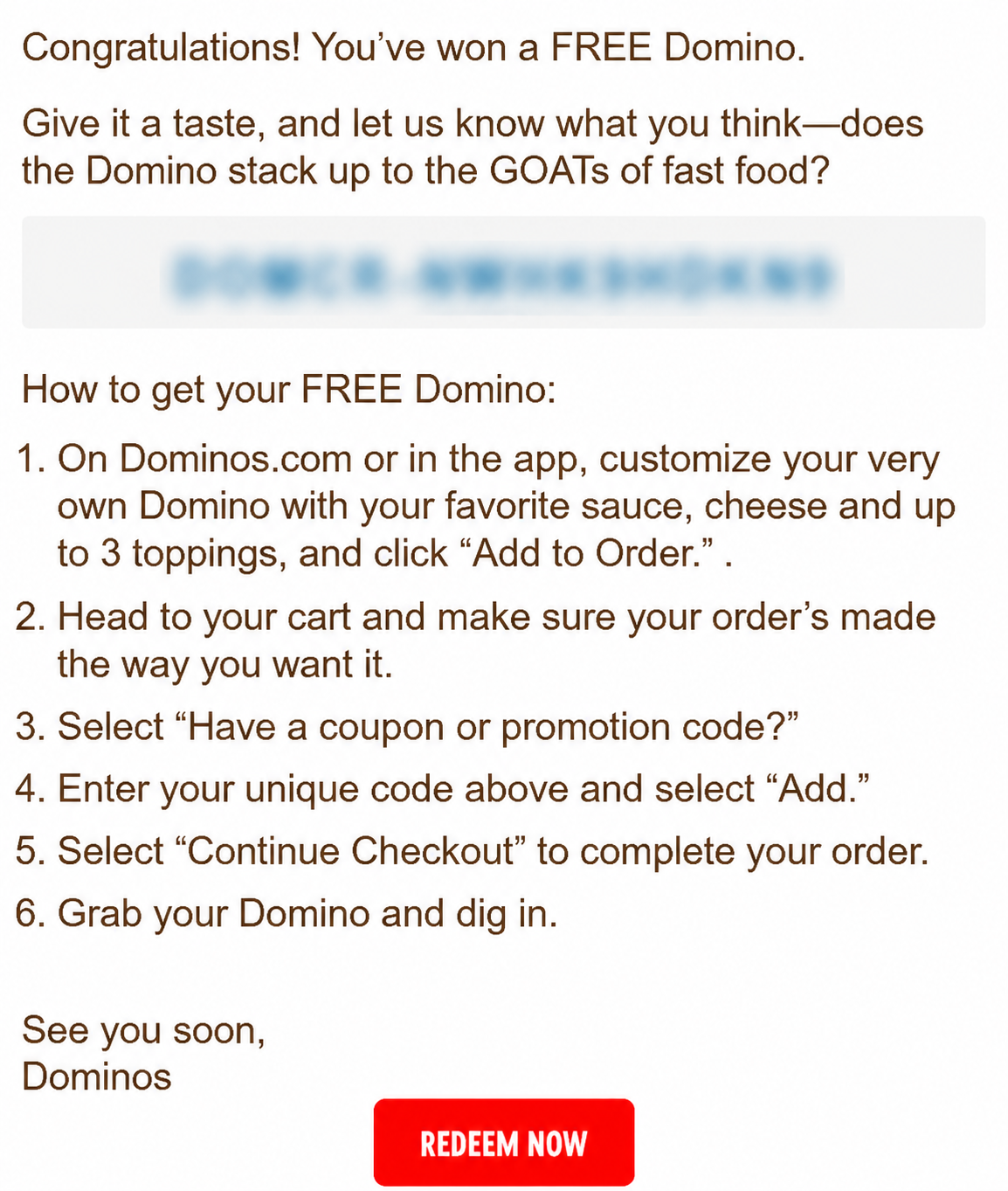 free dominos pizza confirmation