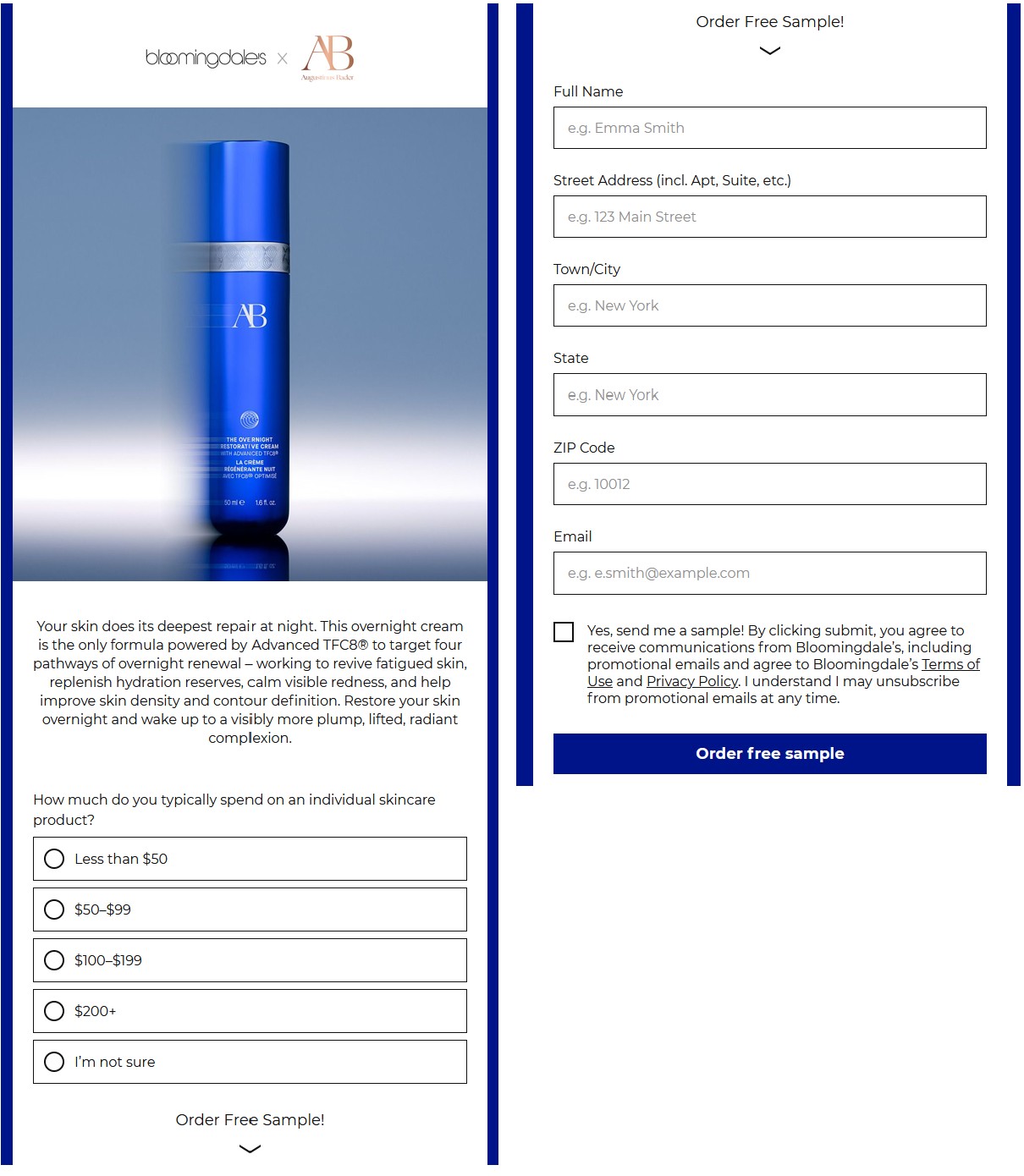 FREE Augustinus Bader Overnight Restorative Cream Sample order form