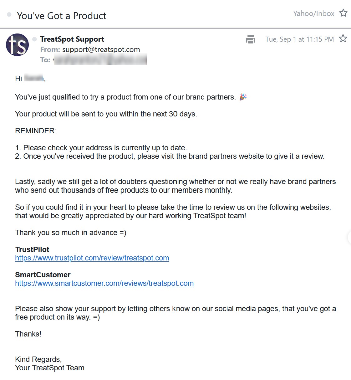 free box confirmation