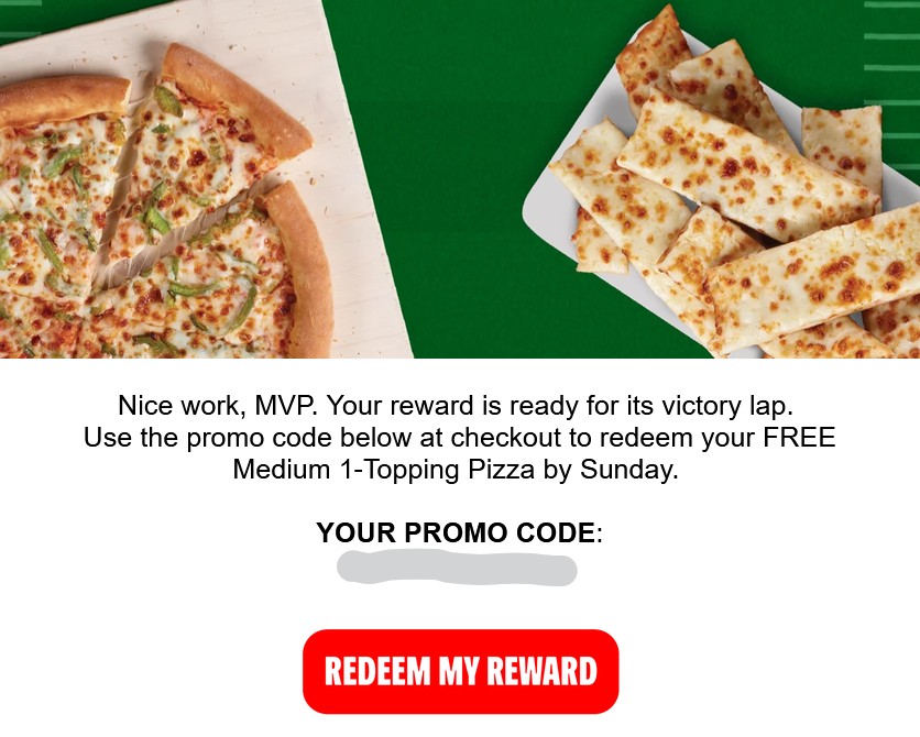 free code for a free papa johns pizza