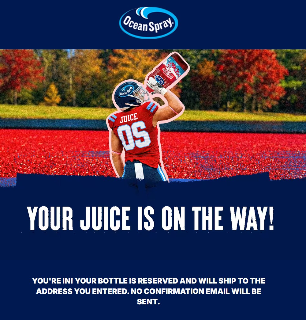 FREE Ocean Spray Juice Bottle confrimation
